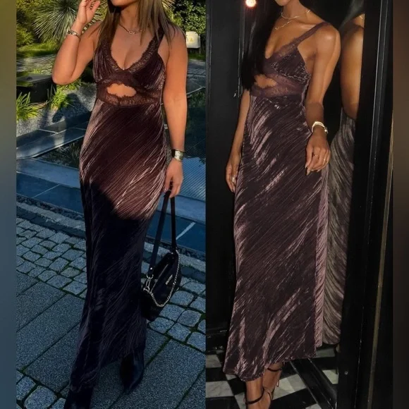 ZARA ~ ✨Viral ✨~ VELVET LACE MIDI DRESS - Picture 11 of 17